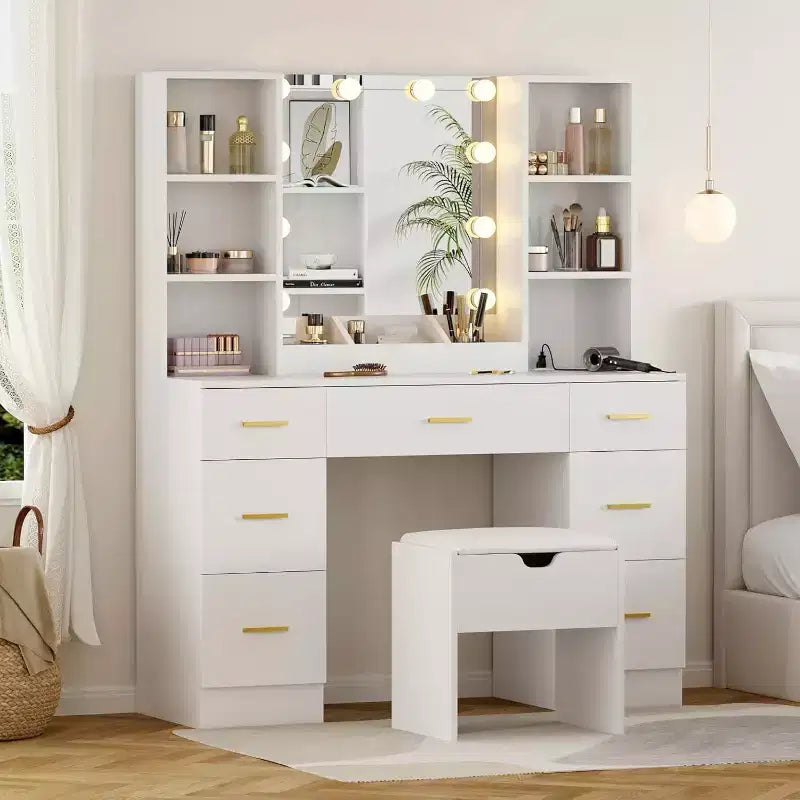 56Coiffeuse avec prise de courant et étagères de rangement, Table de maquillage de chambre à coucher avec 7 tiroirs pour femmes et filles, 3 modes d'éclairage