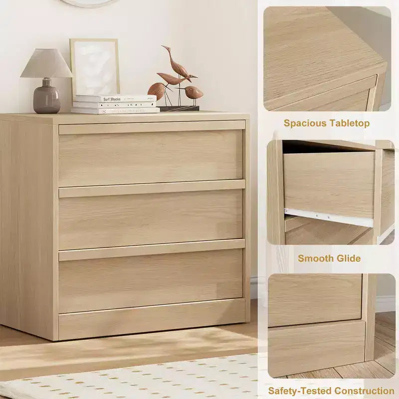 Commode à 3 tiroirs, table de chevet en chêne naturel à 3 tiroirs avec grand rangement, petite table d'appoint de chevet moderne pour salon, chambre d'enfant, entrée