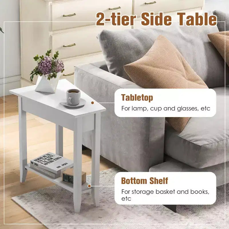 Table d'extrémité à 2 niveaux Costway, table de chevet étroite irrégulière pour canapé avec étagère de rangement