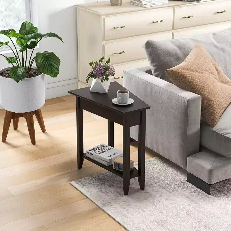Table d'extrémité à 2 niveaux Costway, table de chevet étroite irrégulière pour canapé avec étagère de rangement