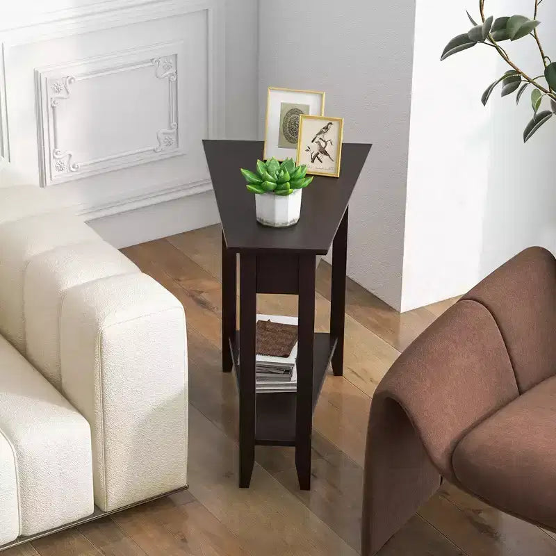 Table d'extrémité à 2 niveaux Costway, table de chevet étroite irrégulière pour canapé avec étagère de rangement