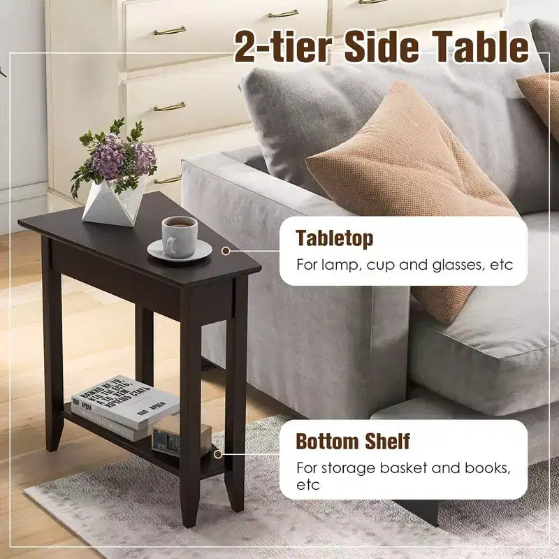 Table d'extrémité à 2 niveaux Costway, table de chevet étroite irrégulière pour canapé avec étagère de rangement
