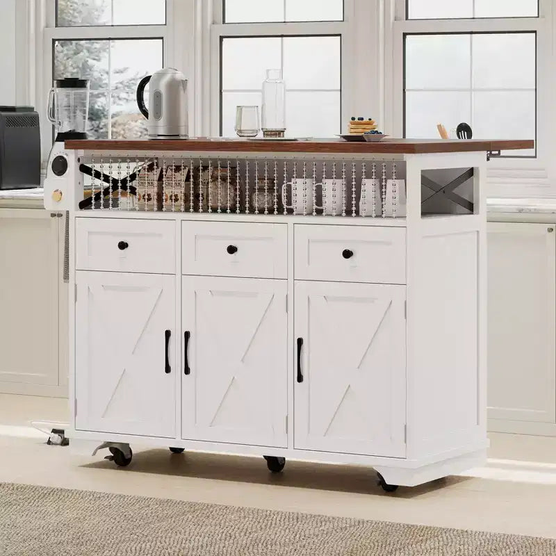 Ilot de cuisine de ferme avec abattant et roulettes, chariot de rangement de cuisine avec tiroirs et étagère en fer, îlot de cuisine roulant avec prise de courant