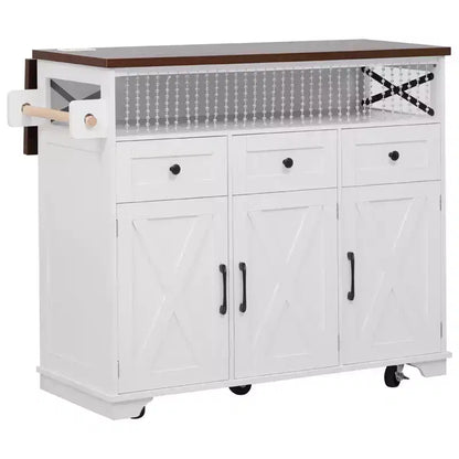 Ilot de cuisine de ferme avec abattant et roulettes, chariot de rangement de cuisine avec tiroirs et étagère en fer, îlot de cuisine roulant avec prise de courant