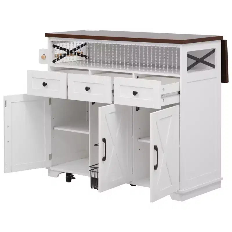 Ilot de cuisine de ferme avec abattant et roulettes, chariot de rangement de cuisine avec tiroirs et étagère en fer, îlot de cuisine roulant avec prise de courant