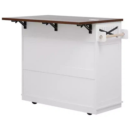 Ilot de cuisine de ferme avec abattant et roulettes, chariot de rangement de cuisine avec tiroirs et étagère en fer, îlot de cuisine roulant avec prise de courant