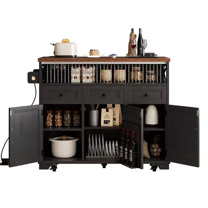 Ilot de cuisine de ferme avec abattant et roulettes, chariot de rangement de cuisine avec tiroirs et étagère en fer, îlot de cuisine roulant avec prise de courant