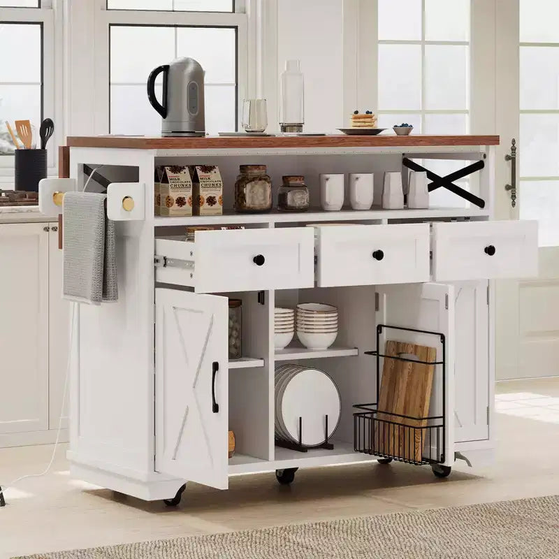 Ilot de cuisine de ferme avec abattant et roulettes, chariot de rangement de cuisine avec tiroirs et étagère en fer, îlot de cuisine roulant avec prise de courant
