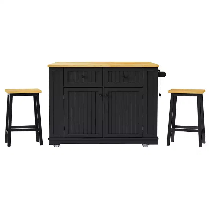 Îlot de cuisine avec 2 tabourets de bar, Chariot de rangement de cuisine à roulettes avec abattant, Îlot de cuisine roulant avec tiroirs et prise de courant
