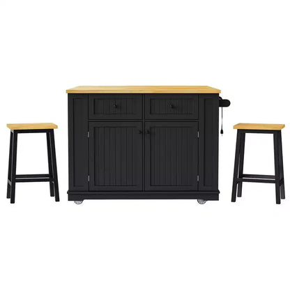 Îlot de cuisine avec 2 tabourets de bar, Chariot de rangement de cuisine à roulettes avec abattant, Îlot de cuisine roulant avec tiroirs et prise de courant