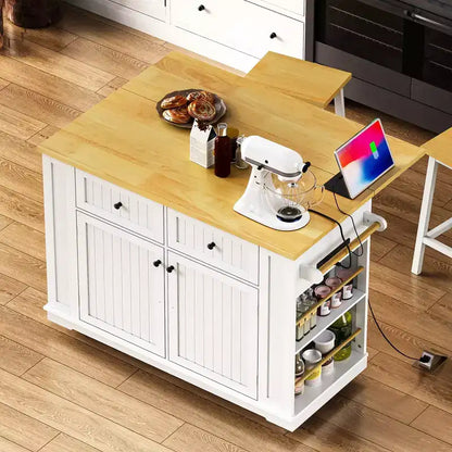 Îlot de cuisine avec 2 tabourets de bar, Chariot de rangement de cuisine à roulettes avec abattant, Îlot de cuisine roulant avec tiroirs et prise de courant