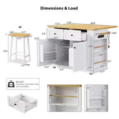 Îlot de cuisine avec 2 tabourets de bar, Chariot de rangement de cuisine à roulettes avec abattant, Îlot de cuisine roulant avec tiroirs et prise de courant