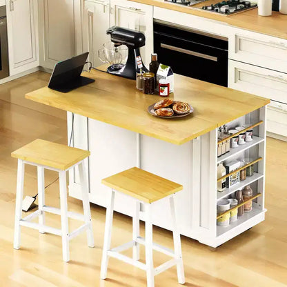 Îlot de cuisine avec 2 tabourets de bar, Chariot de rangement de cuisine à roulettes avec abattant, Îlot de cuisine roulant avec tiroirs et prise de courant
