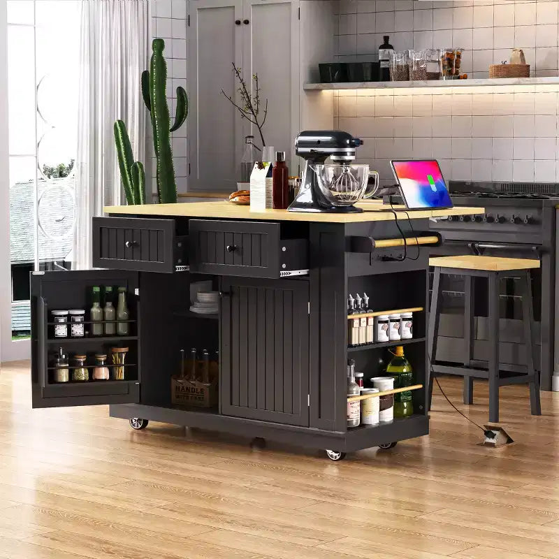 Îlot de cuisine avec 2 tabourets de bar, Chariot de rangement de cuisine à roulettes avec abattant, Îlot de cuisine roulant avec tiroirs et prise de courant