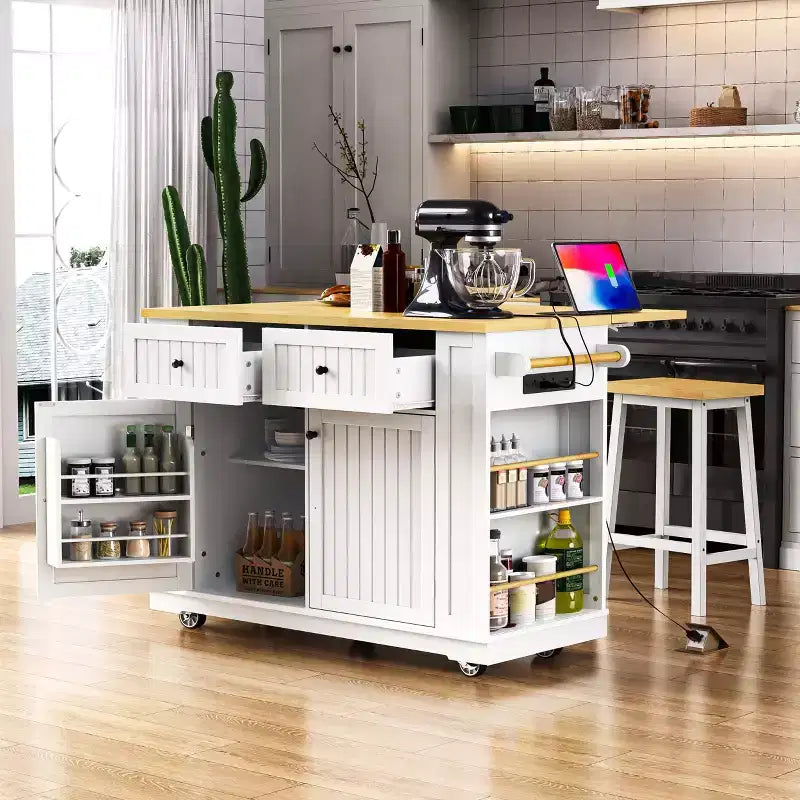 Îlot de cuisine avec 2 tabourets de bar, Chariot de rangement de cuisine à roulettes avec abattant, Îlot de cuisine roulant avec tiroirs et prise de courant