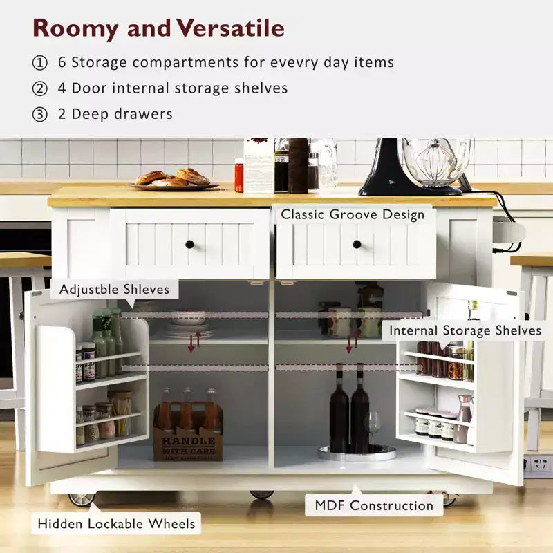 Îlot de cuisine avec 2 tabourets de bar, Chariot de rangement de cuisine à roulettes avec abattant, Îlot de cuisine roulant avec tiroirs et prise de courant