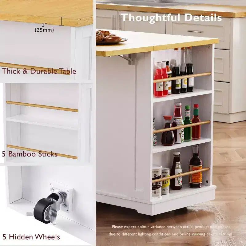 Îlot de cuisine avec 2 tabourets de bar, Chariot de rangement de cuisine à roulettes avec abattant, Îlot de cuisine roulant avec tiroirs et prise de courant
