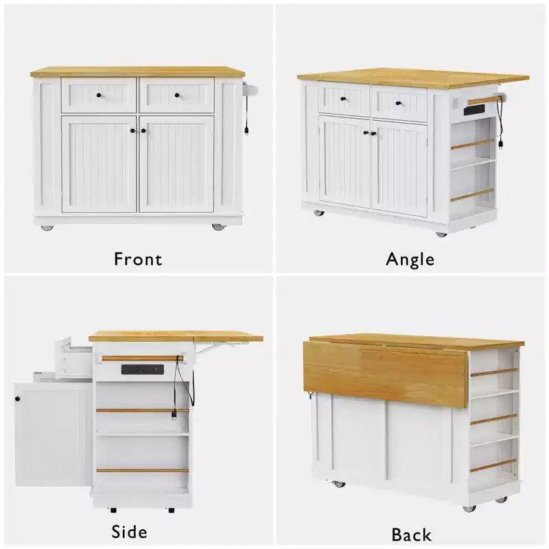Îlot de cuisine avec 2 tabourets de bar, Chariot de rangement de cuisine à roulettes avec abattant, Îlot de cuisine roulant avec tiroirs et prise de courant
