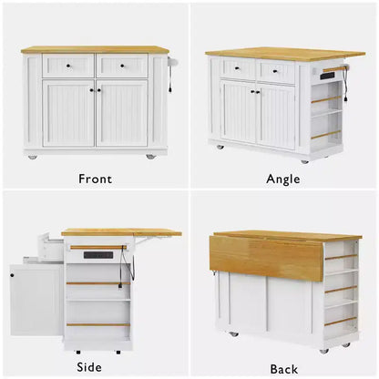Îlot de cuisine avec 2 tabourets de bar, Chariot de rangement de cuisine à roulettes avec abattant, Îlot de cuisine roulant avec tiroirs et prise de courant