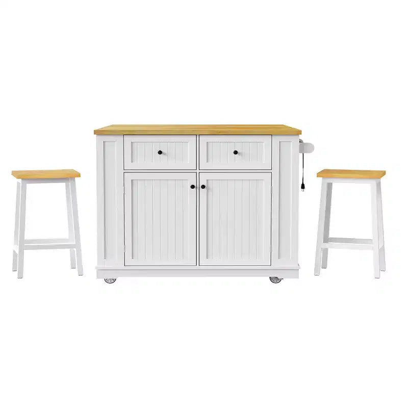 Îlot de cuisine avec 2 tabourets de bar, Chariot de rangement de cuisine à roulettes avec abattant, Îlot de cuisine roulant avec tiroirs et prise de courant