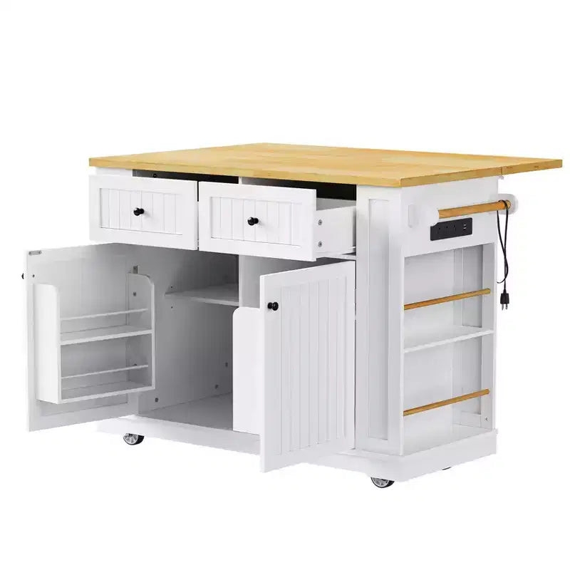 Îlot de cuisine avec 2 tabourets de bar, Chariot de rangement de cuisine à roulettes avec abattant, Îlot de cuisine roulant avec tiroirs et prise de courant