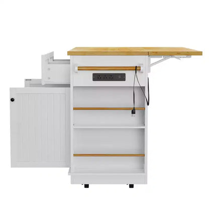 Îlot de cuisine avec 2 tabourets de bar, Chariot de rangement de cuisine à roulettes avec abattant, Îlot de cuisine roulant avec tiroirs et prise de courant
