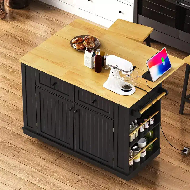 Îlot de cuisine avec 2 tabourets de bar, Chariot de rangement de cuisine à roulettes avec abattant, Îlot de cuisine roulant avec tiroirs et prise de courant