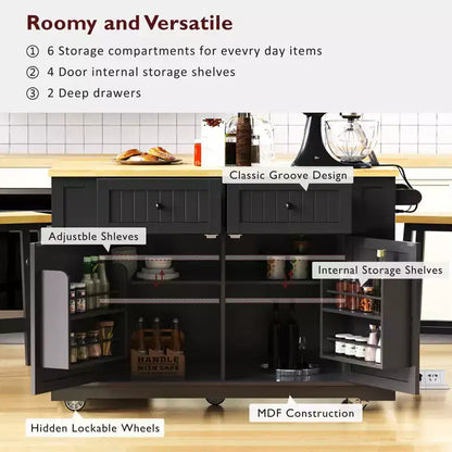 Îlot de cuisine avec 2 tabourets de bar, Chariot de rangement de cuisine à roulettes avec abattant, Îlot de cuisine roulant avec tiroirs et prise de courant