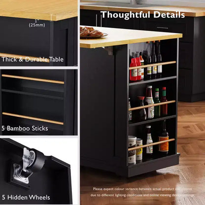 Îlot de cuisine avec 2 tabourets de bar, Chariot de rangement de cuisine à roulettes avec abattant, Îlot de cuisine roulant avec tiroirs et prise de courant