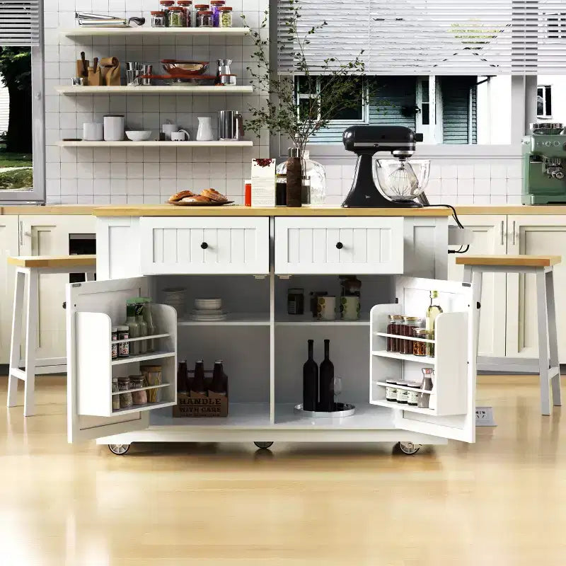 Îlot de cuisine avec 2 tabourets de bar, Chariot de rangement de cuisine à roulettes avec abattant, Îlot de cuisine roulant avec tiroirs et prise de courant
