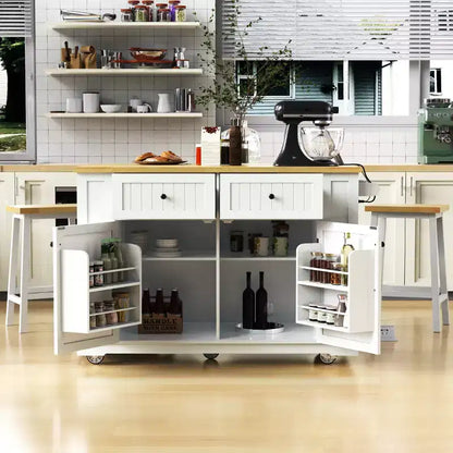 Îlot de cuisine avec 2 tabourets de bar, Chariot de rangement de cuisine à roulettes avec abattant, Îlot de cuisine roulant avec tiroirs et prise de courant