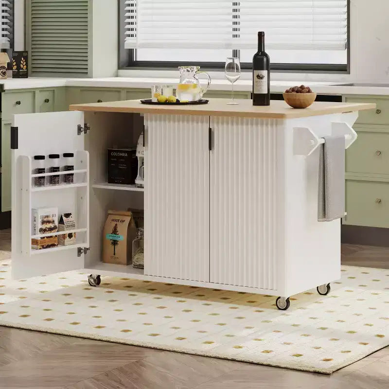 Îlot de cuisine cannelé avec abattant, îlot de cuisine de style campagnard sur roulettes avec étagère de rangement, chariot de cuisine roulant avec porte-serviettes pour salle à manger
