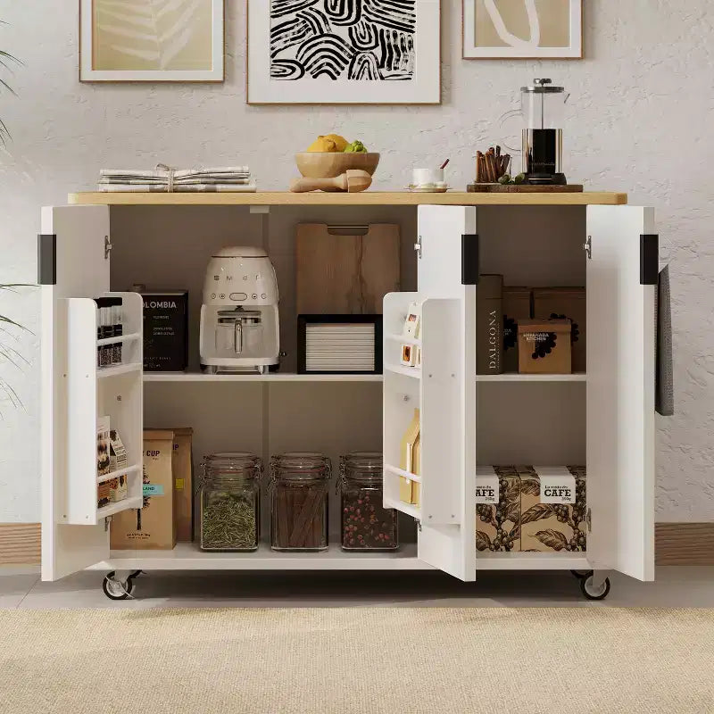 Îlot de cuisine cannelé avec abattant, îlot de cuisine de style campagnard sur roulettes avec étagère de rangement, chariot de cuisine roulant avec porte-serviettes pour salle à manger