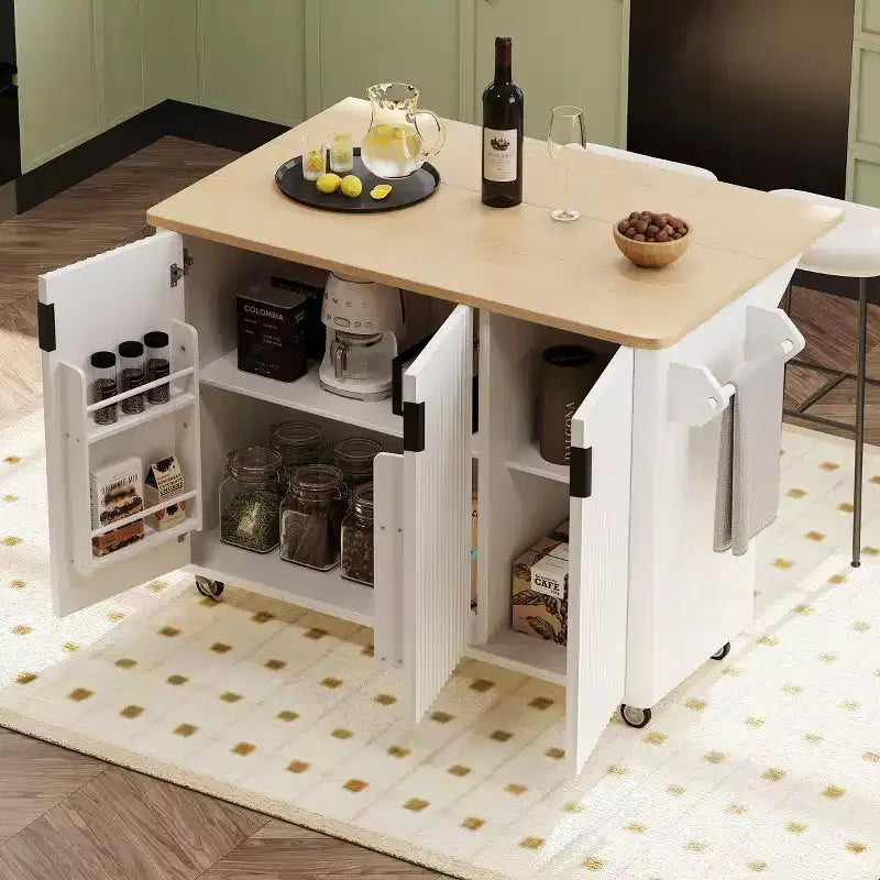 Îlot de cuisine cannelé avec abattant, îlot de cuisine de style campagnard sur roulettes avec étagère de rangement, chariot de cuisine roulant avec porte-serviettes pour salle à manger