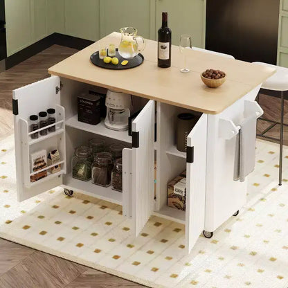 Îlot de cuisine cannelé avec abattant, îlot de cuisine de style campagnard sur roulettes avec étagère de rangement, chariot de cuisine roulant avec porte-serviettes pour salle à manger