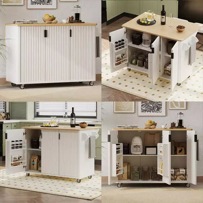 Îlot de cuisine cannelé avec abattant, îlot de cuisine de style campagnard sur roulettes avec étagère de rangement, chariot de cuisine roulant avec porte-serviettes pour salle à manger