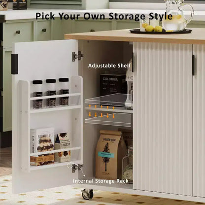 Îlot de cuisine cannelé avec abattant, îlot de cuisine de style campagnard sur roulettes avec étagère de rangement, chariot de cuisine roulant avec porte-serviettes pour salle à manger