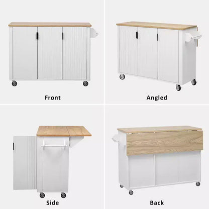 Îlot de cuisine cannelé avec abattant, îlot de cuisine de style campagnard sur roulettes avec étagère de rangement, chariot de cuisine roulant avec porte-serviettes pour salle à manger