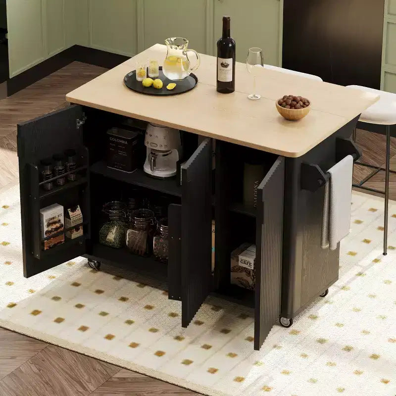 Îlot de cuisine cannelé avec abattant, îlot de cuisine de style campagnard sur roulettes avec étagère de rangement, chariot de cuisine roulant avec porte-serviettes pour salle à manger