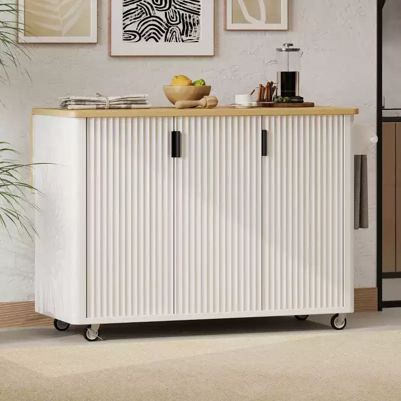 Îlot de cuisine cannelé avec abattant, îlot de cuisine de style campagnard sur roulettes avec étagère de rangement, chariot de cuisine roulant avec porte-serviettes pour salle à manger