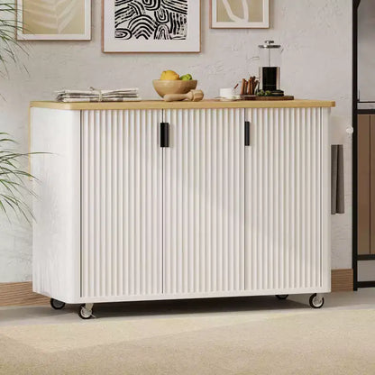 Îlot de cuisine cannelé avec abattant, îlot de cuisine de style campagnard sur roulettes avec étagère de rangement, chariot de cuisine roulant avec porte-serviettes pour salle à manger