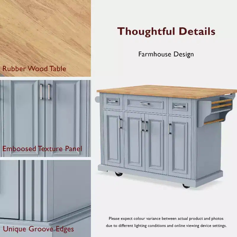 Grand îlot de cuisine avec rabat abattant, chariot de cuisine roulant à 4 roues avec portes et 3 tiroirs, îlot de cuisine avec rangement pour salle à manger