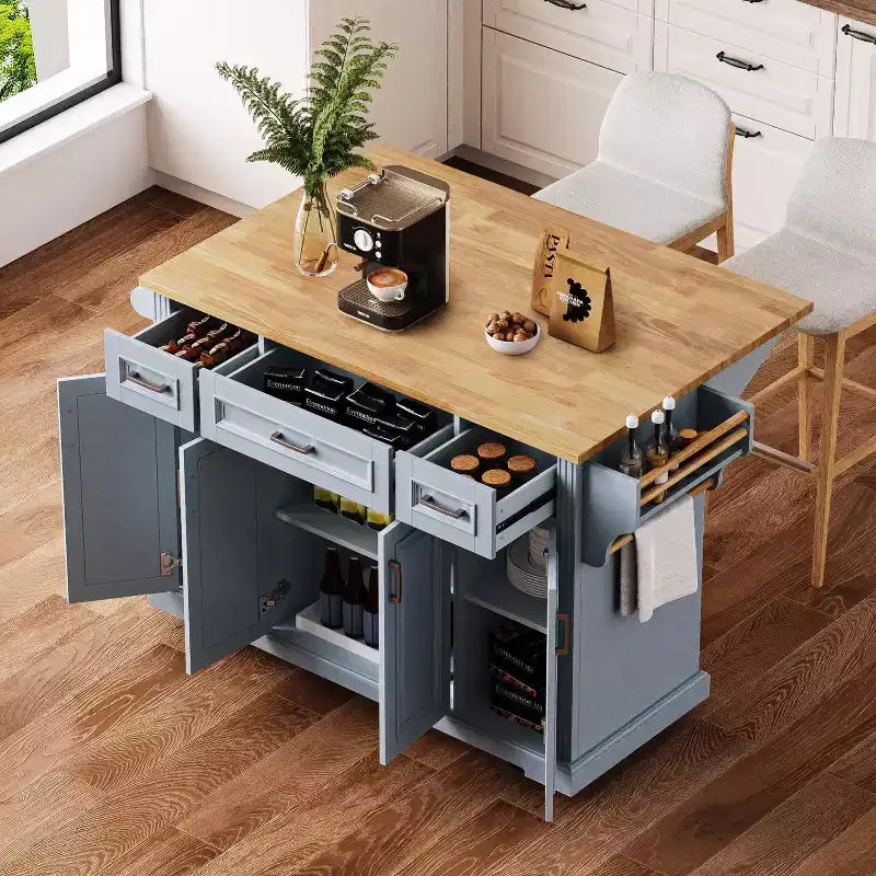 Large Kitchen Island with Drop Leaf, Rolling Kitchen Cart on 4 Wheels with Doors and 3 Drawers, Kitchen Island with Storage for Dining Room