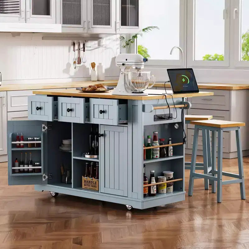 Grand îlot de cuisine avec rabat et prise de courant, chariot de cuisine roulant à 5 roues avec porte, étagère de rangement interne et étagères latérales
