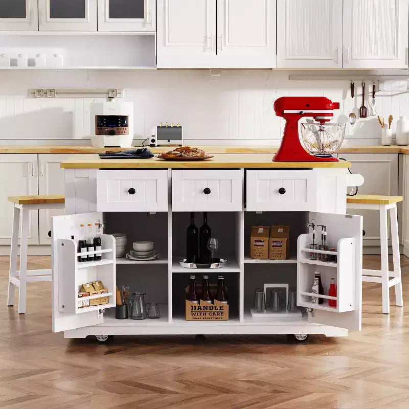 Grand îlot de cuisine avec rabat et prise de courant, chariot de cuisine roulant à 5 roues avec porte, étagère de rangement interne et étagères latérales