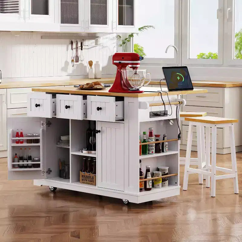 Grand îlot de cuisine avec rabat et prise de courant, chariot de cuisine roulant à 5 roues avec porte, étagère de rangement interne et étagères latérales