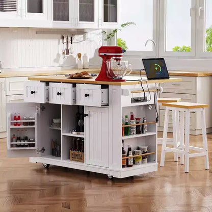 Grand îlot de cuisine avec rabat et prise de courant, chariot de cuisine roulant à 5 roues avec porte, étagère de rangement interne et étagères latérales