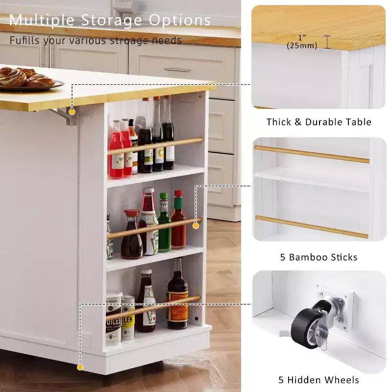 Grand îlot de cuisine avec rabat et prise de courant, chariot de cuisine roulant à 5 roues avec porte, étagère de rangement interne et étagères latérales