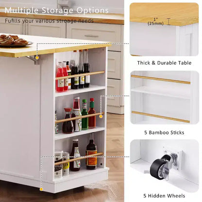 Grand îlot de cuisine avec rabat et prise de courant, chariot de cuisine roulant à 5 roues avec porte, étagère de rangement interne et étagères latérales