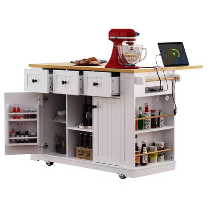 Grand îlot de cuisine avec rabat et prise de courant, chariot de cuisine roulant à 5 roues avec porte, étagère de rangement interne et étagères latérales